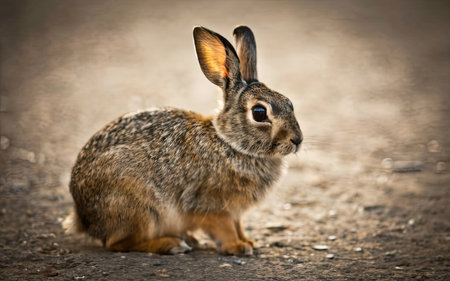 Cute little rabbit sitting on the road, close-up portraitの素材