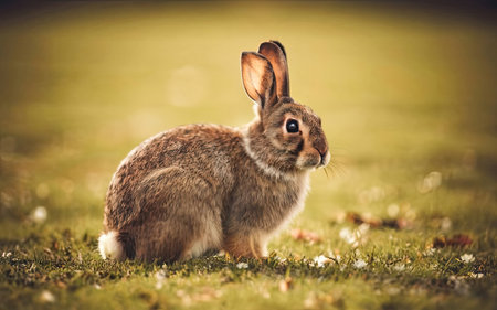 Cute rabbit sitting on the grass and looking at the camera.の素材