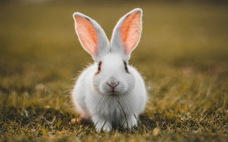 Cute white rabbit with long ears standing on green grass in garden.の素材