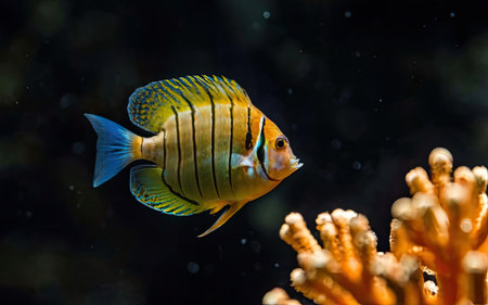 Tropical fish in the aquarium. Beautiful underwater world with corals and tropical fish.の素材