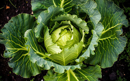 Cabbage growing in the garden, top view, close-upの素材