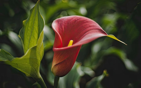 Beautiful red calla lily flower with green leaves in gardenの素材