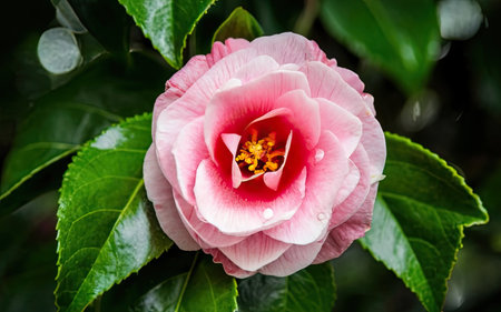 Pink camellia flower with raindrops on green leaves background.の素材