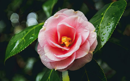 Camellia flower with raindrops on the petals.の素材