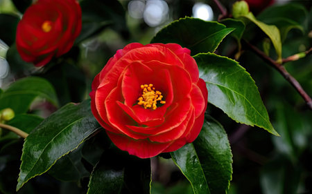 Beautiful red camellia flower with green leaves in the gardenの素材