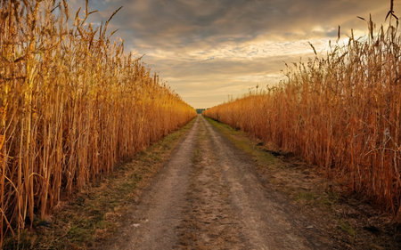 Dirt road through a corn field at sunset. Autumn landscape.の素材