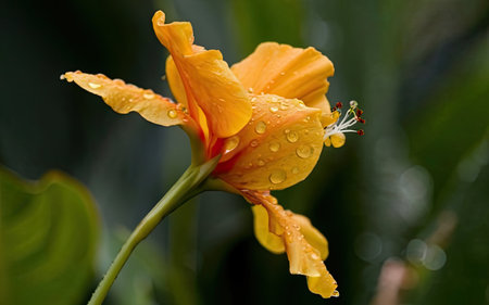 Orange hibiscus flower with raindrops on the petalsの素材