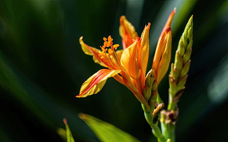 Close up of orange and yellow canna lily flower in the gardenの素材