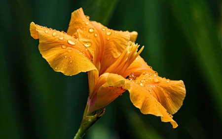 Orange flower with dew drops on the petals on a green backgroundの素材