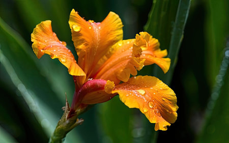 Beautiful orange iris flower with water drops on green leaves backgroundの素材
