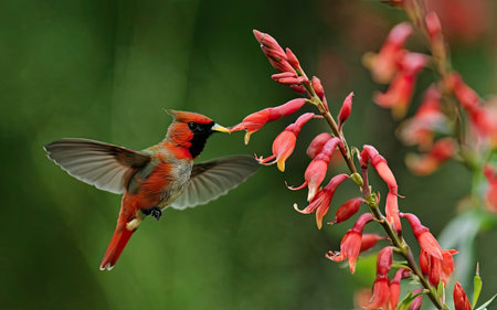 Red-vented Sunbird (Nymphalidae) feeding on red flowersの素材