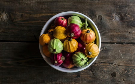 Colorful heirloom tomatoes in a bowl on a wooden tableの素材