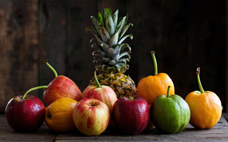Variety of fruits and vegetables on old wooden table. Dark background.の素材