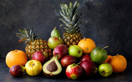 Assortment of exotic fruits on dark background. Healthy food concept.の素材