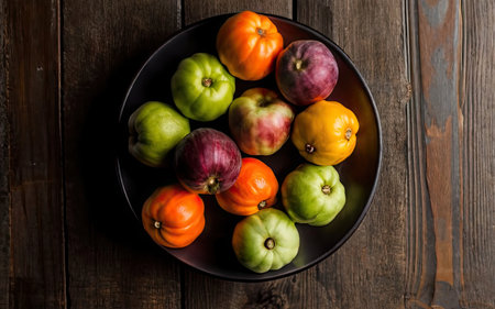 Variety of colorful tomatoes in a bowl on rustic wooden backgroundの素材