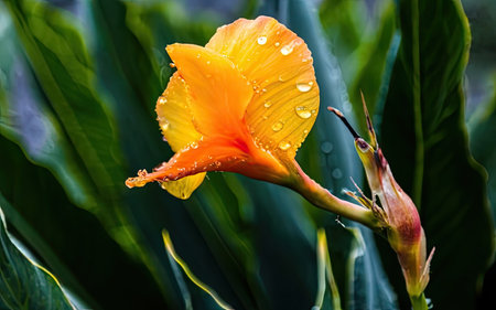 Orange Canna flower with water drops on the petals after rainの素材
