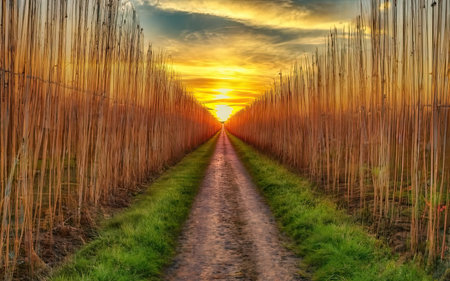 Sunset over a rural road in the countryside of the Netherlands.の素材