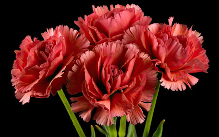 Bouquet of pink carnation flowers, isolated on black backgroundの素材