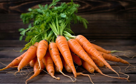 Bunch of fresh carrots on wooden background. Healthy food concept.の素材