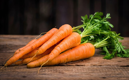 Bunch of fresh carrots with green leaves on rustic wooden backgroundの素材