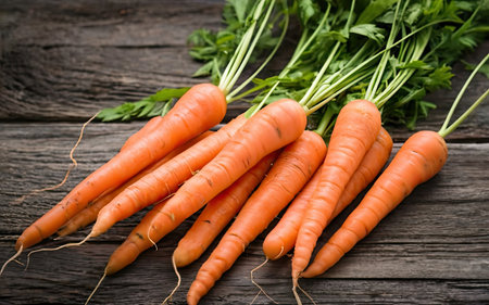 Bunch of fresh carrots on rustic wooden background. Top viewの素材