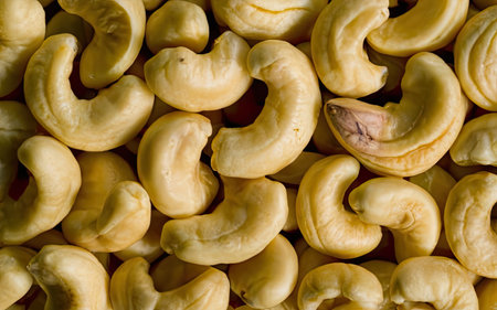 Roasted cashew nuts background. Top view of cashew nutsの素材
