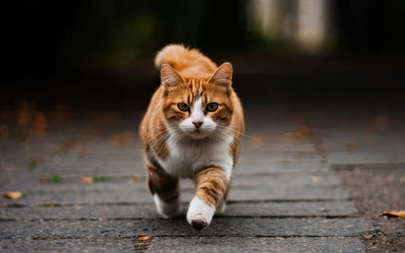 Cute ginger cat walking in the autumn park. Selective focus.の素材