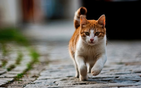 Cute red cat running on the street. Selective focus.の素材