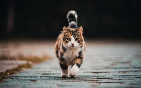 Cute cat walking on the road in the park. Selective focus.の素材