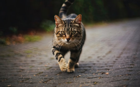 Cute tabby cat walking on the road in the park.の素材