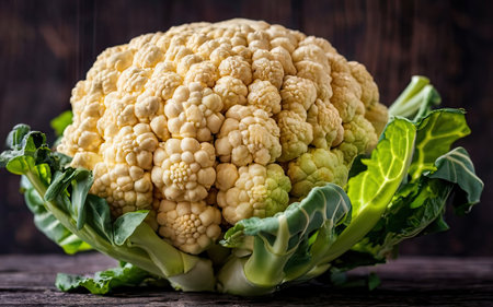 Cauliflower on a wooden background. Vegetarian food. Selective focus.の素材