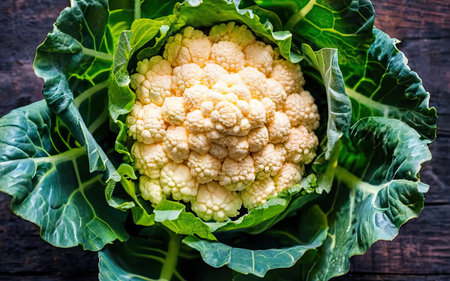 Cauliflower on rustic wooden background. Top view. Copy space.の素材