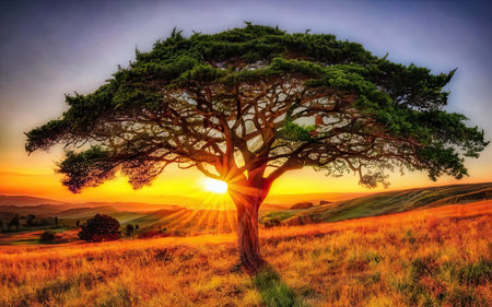 Beautiful sunset in the mountains with a tree in the foreground.の素材
