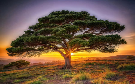 Beautiful sunset over a pine tree on the island of Crete, Greeceの素材