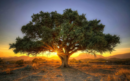 Silhouette of a tree in the desert at sunset, South Africaの素材