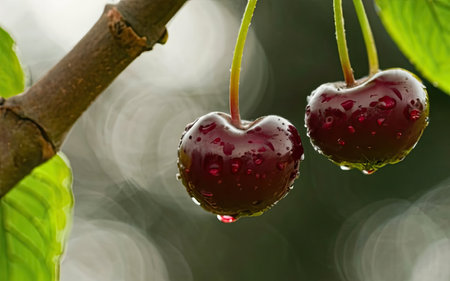 Sweet cherries on a branch with drops of water after the rainの素材