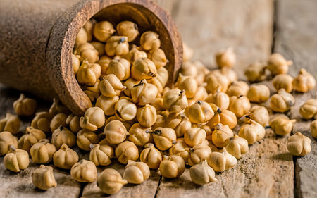 Chickpeas in a wooden mortar on rustic wooden backgroundの素材