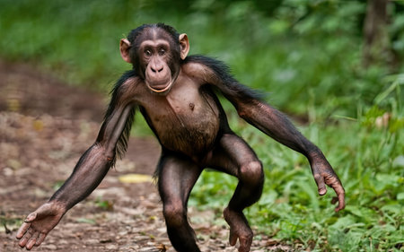 Chimpanzee baby in the forest. Animal in natural habitat. Chimpanzee monkeyの素材
