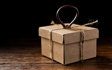 Gift box tied with rope on a wooden table. Black background.の素材