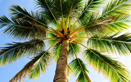 Coconut palm tree with blue sky background. Tropical summer concept.の素材