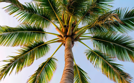 Coconut palm tree with green leaves and blue sky background.の素材