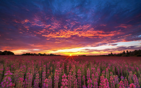 Sunset over a field of pink lupine flowers with dramatic skyの素材