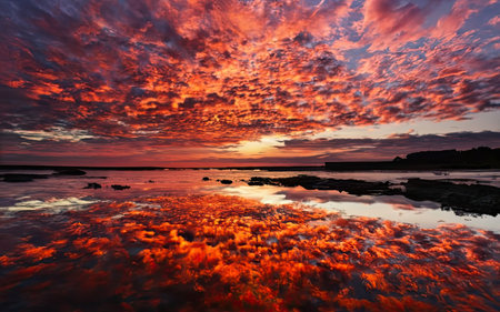 Sunset over the sea with colorful clouds and reflection on the waterの素材