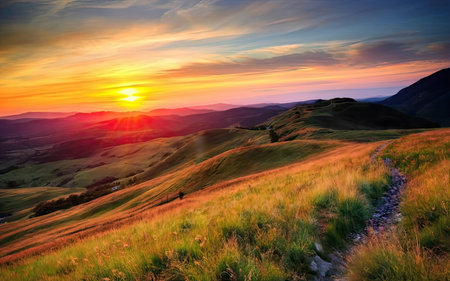 beautiful sunset in the mountains landscape. Carpathian, Ukraineの素材