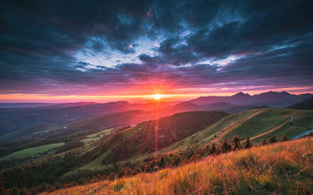 Majestic sunset in the mountains landscape. Carpathian, Ukraine, Europe. Beauty world.の素材