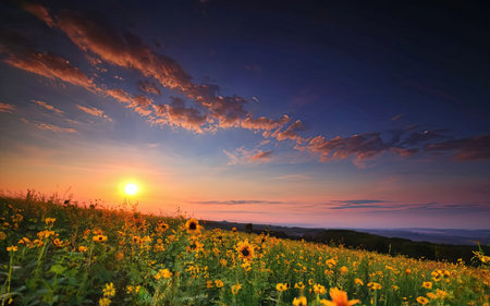 Sunset over the meadow with sunflowers and mountains in the backgroundの素材