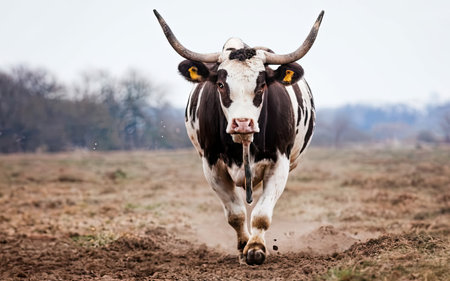 black and white cow running in the mud in the field, nature seriesの素材