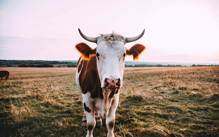 Cows graze in the meadow at sunset. Selective focus.の素材