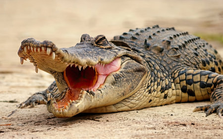 Crocodile with open mouth, close-up view.の素材
