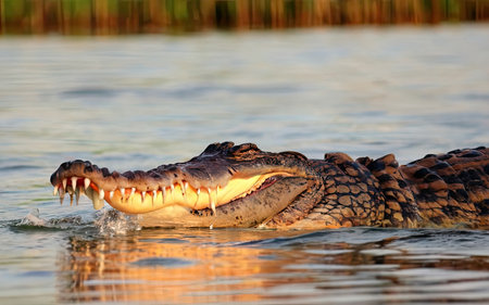 Crocodile with open mouth in Chobe River, Botswana, Africaの素材